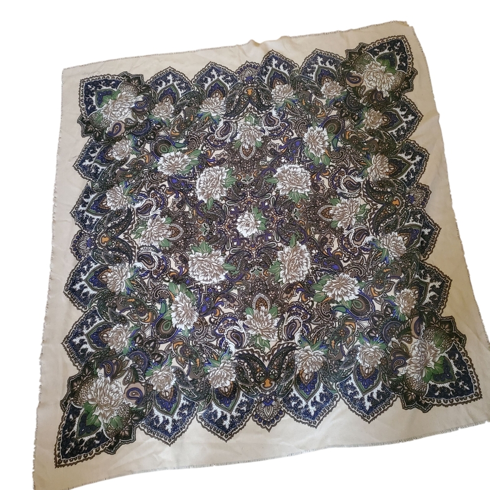 Vintage Carlo Margo Babushka Scarf Modesty Shawl Floral Paisley Ivory Browns